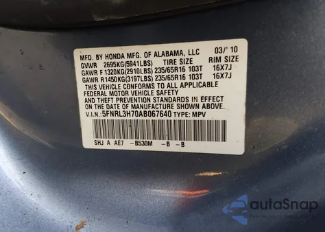 2010 Honda Odyssey Ex-L z USA, uszkodzony, nr VIN 5FNRL3H70AB067640